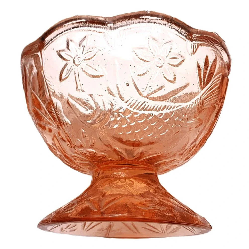 MINI Voglesong Summit Pink Glass Koi Fish Pattern Punchbowl & Cups 5 pc Set Vtg